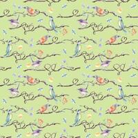 Tiny birds on tree branches with hearts watercolor seamless pattern isolated. Purples and green cute birdies on wavy vine with flowers, butterflies hand drawn on repeating texture for child textile vector