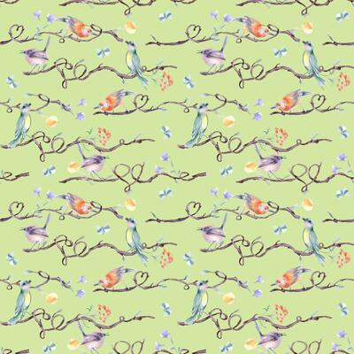 Tiny birds on tree branches with hearts watercolor seamless pattern isolated. Purples and green cute birdies on wavy vine with flowers, butterflies hand drawn on repeating texture for child textile