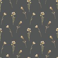 Vertical light flowers herbs watercolor beige seamless pattern isolated. Simple botanical pattern in natural sand tones. Little buds leaves stems hand drawn on repeated background for design textile vector