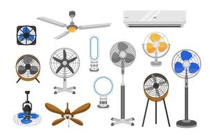 Collection of electric fans of various types isolated on white background. Bundle of household devices for air cooling and conditioning, climate control. illustration in flat cartoon style. vector