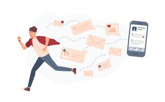 Young man running away from giant smartphone and text messages or e-mails pursuing him. Concept of person overwhelmed by internet notifications. Colorful illustration in flat cartoon style. vector