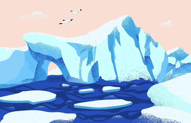 Spectacular Arctic or Antarctic scenery. Beautiful landscape with large icebergs floating in ocean and seagulls. Gorgeous northern nature. Colored illustration in modern flat cartoon style