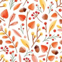 Autumn seamless pattern with acorns, nuts, cape gooseberries, viburnum berries on white background. Seasonal illustration in modern flat style for wrapping paper, wallpaper, fabric print. vector
