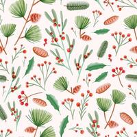 Holiday seamless pattern with holly leaves, mistletoe, pine cones, needles and branches on white background. Seasonal festive illustration in flat style for wrapping paper, textile print. vector