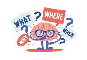 Adorable curious human brain with glasses solving riddles surrounded by questions and interrogation points. Cartoon character isolated on white background. Colorful illustration in flat style. vector