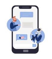 Bearded man talking to robot or android and chat messages on smartphone screen. Concept of chatbot conversation, technical support service. Colorful illustration in flat cartoon style. vector