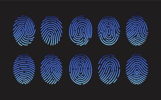 Collection of fingerprints of different types isolated on black background. Bundle of traces of friction ridges of human fingers. Criminal evidence, identification of person. illustration. vector