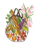 Mesh or net bag full of healthy food products isolated on white background. Trendy shopper with fresh vegetables, fruits and flowers from local market. illustration in flat cartoon style. vector