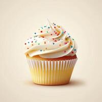 A cupcake with white frosting and sprinkles on a beige background photo