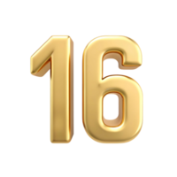 A Stunning 3D Render of the Number Sixteen in Gold on transparent Background png