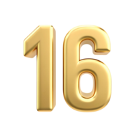 Shiny Golden Number Sixteen on transparent Background 3D Render png