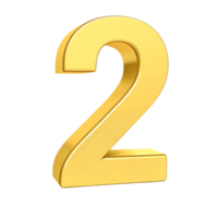 A Striking of a Gold Number Two on a transparent Background, Three Dimensional Rendering of a Shiny Metallic Digit png