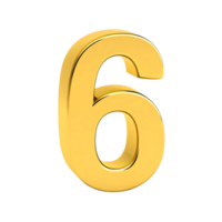 A shiny golden three dimensional number six on a transparent background png
