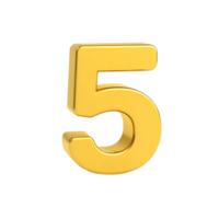 Shiny Golden Number Five 3D Rendering on transparent Background High Resolution png