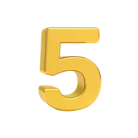 Three dimensional gold number five on transparent background 3D rendering png