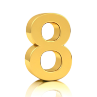Shiny Golden Number Eight 3D Render with Reflection on transparent Background png