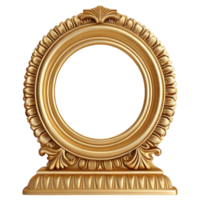 Elegant Golden Circular Frame with Intricate Ornate Design and Pedestal Base Isolated on transparent Background png
