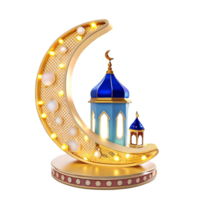 Illuminated Golden Crescent Moon with Miniature Mosque Ramadan Eid alFitr Festive Decoration png