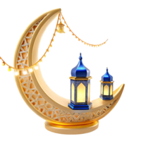 Ramadan Kareem Festive Decor Gold Crescent Moon with Blue Lanterns and Lights png