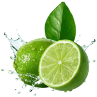 Refreshing Lime Splash Two Limes Water Droplets Green Leaves transparent Background png