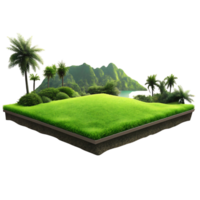 Lush Tropical Island Paradise with Green Grass Rolling Hills Palm Trees and Ocean View png
