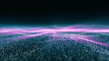 Abstract digital dynamic particle waves with motion light background and bright light beams, data flow, cyber technology. 3d rendering. Seamless loop 4k. screensaver video