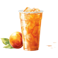 Refreshing Peach Iced Tea with Ice Cubes in a Plastic Cup and Peach Fruit png