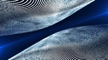 Rotating surface made of digital particles. Abstract glowing wave from of particles and dots moves on a blue background, big data visualization video