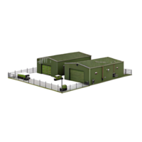 Isometric View of a Military Green Industrial Complex with Vehicles and Fence png