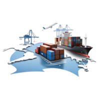 Global Transportation and Logistics Network Showing Cargo Ship Container Freight Airplane and Port Cranes png