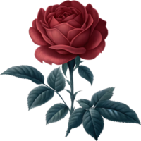 A Single Deep Red Rose with Teal Green Leaves Botanical Illustration png