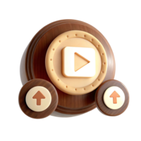 Wooden Play Button Icon with Up Arrows 3D Render Illustration for Media Player User Interface Design png