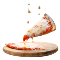 Delicious Pizza Slice with Melted Cheese and Tomato Sauce Dripping onto Wooden Board png
