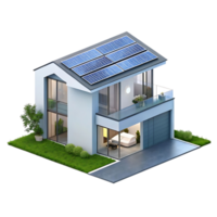 Modern two story house with solar panels on roof and attached garage png