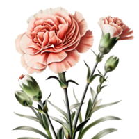 Closeup of a trio of peach and white carnations with green stems and leaves against a transparent background botanical illustration png