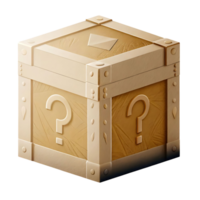 Mysterious Wooden Box with Question Marks and Intriguing Design Elements png