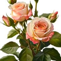 A breathtaking bouquet of three peach roses with green leaves and buds png