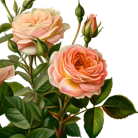 Peach and Apricot Roses with Green Leaves and Buds on a transparent Background Beautiful Floral Illustration png