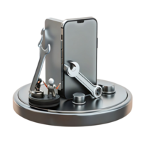 Smartphone Repair Service Tiny Technicians Fixing Mobile Device with Tools on Metallic Platform png
