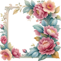 Elegant floral frame with pink and peach blossoms delicate leaves and ornate border png