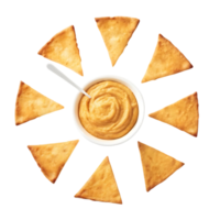 Delicious Creamy Hummus with Crispy Triangular Tortilla Chips Arranged in a Sunburst Pattern png