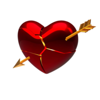 A 3D Render of a Broken Red Heart Pierced by a Golden Arrow on a transparent Background png