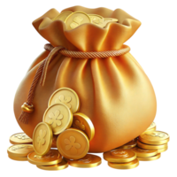 A 3D Render of a Golden Bag Overflowing with Shiny Gold Coins on a transparent Background png