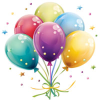 A delightful bunch of colorful balloons tied together with a yellow ribbon and surrounded by confetti stars png
