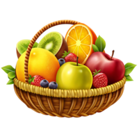 A delightful wicker basket overflowing with a vibrant assortment of fresh fruits including apples, oranges, kiwi, blueberries, raspberries and strawberries png