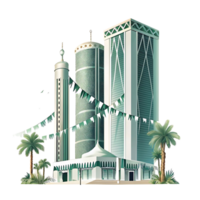 Modern Mosque and Skyscrapers Cityscape with Palm Trees and Festive Bunting png