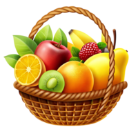 A delightful wicker basket brimming with a colorful assortment of fresh fruits including apples, oranges, kiwi, bananas, raspberries and mangoes png