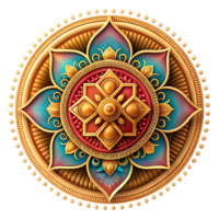 Intricate Golden Mandala Design with Teal and Red Accents A Stunning Circular Ornament of Floral and Geometric Patterns png