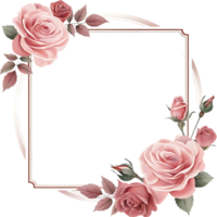Elegant square frame adorned with pink roses and leaves for wedding invitation or romantic design png