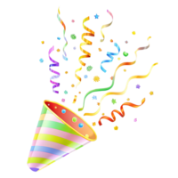 Colorful Party Confetti Exploding from a Striped Party Popper Cone png